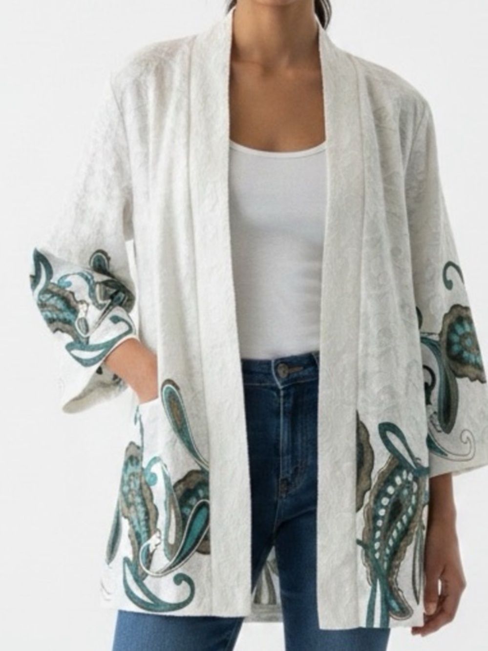 Chico's White Jacket with Teal & Brown Paisley Trim Size 2X Chicos Size 4